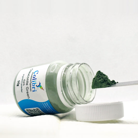 Glauconite green dark pigment powder, open jar
