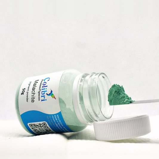Malachite pigment powder, open jar