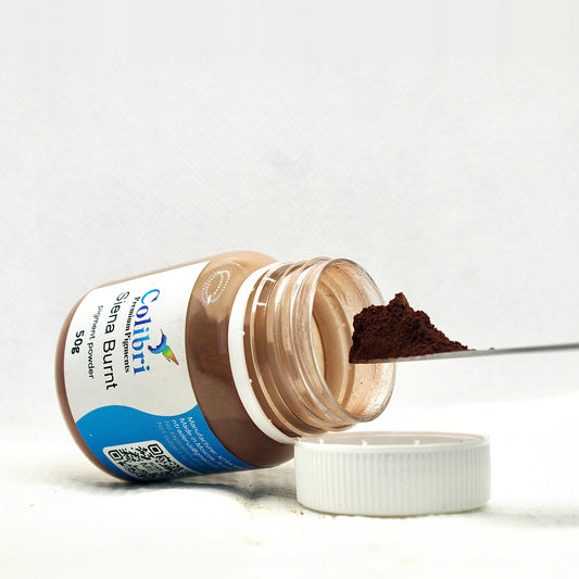 Siena burnt pigment powder, open jar