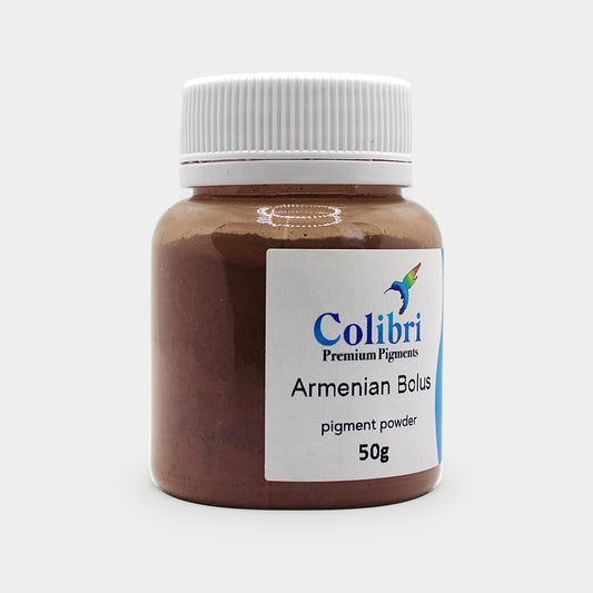Armenian bolus pigment powder in a Colibri jar