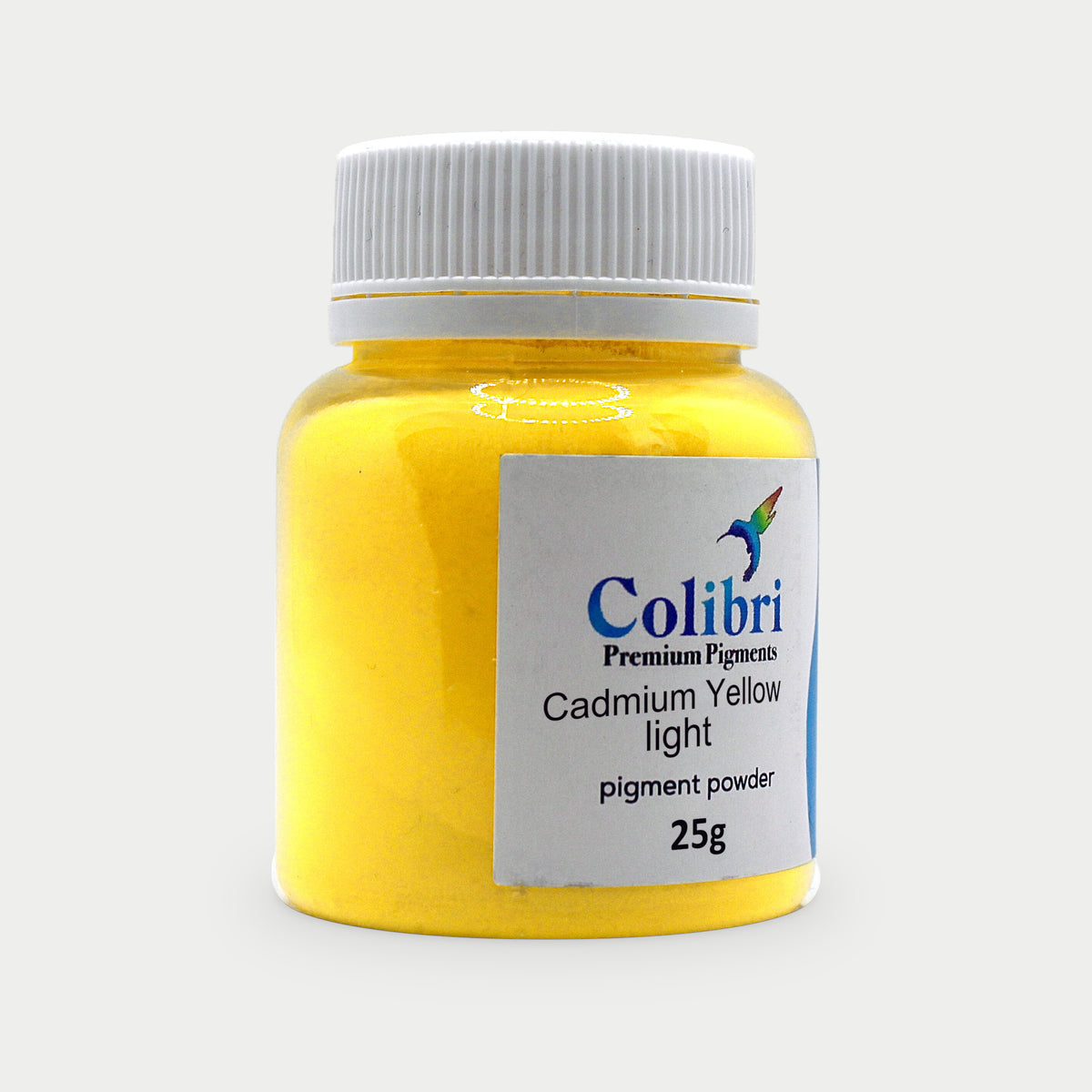 Cadmium yellow light pigment powder in a Colibri jar