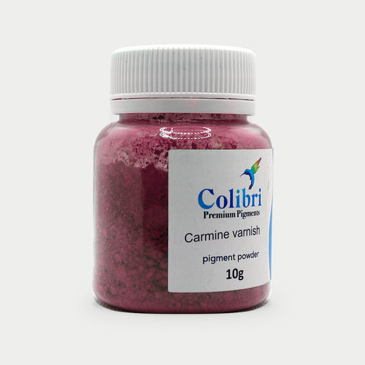 Carmine varnish pigment powder in a Colibri jar
