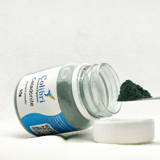 Celadonite pigment powder, open jar