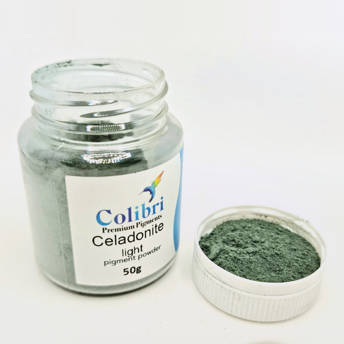 Celadonite light pigment powder, open jar