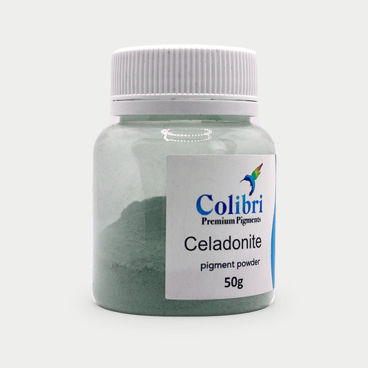 Celadonite pigment powder in a Colibri jar