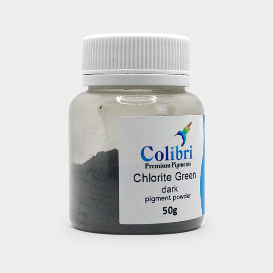 Chlorite green dark pigment powder in a Colibri jar