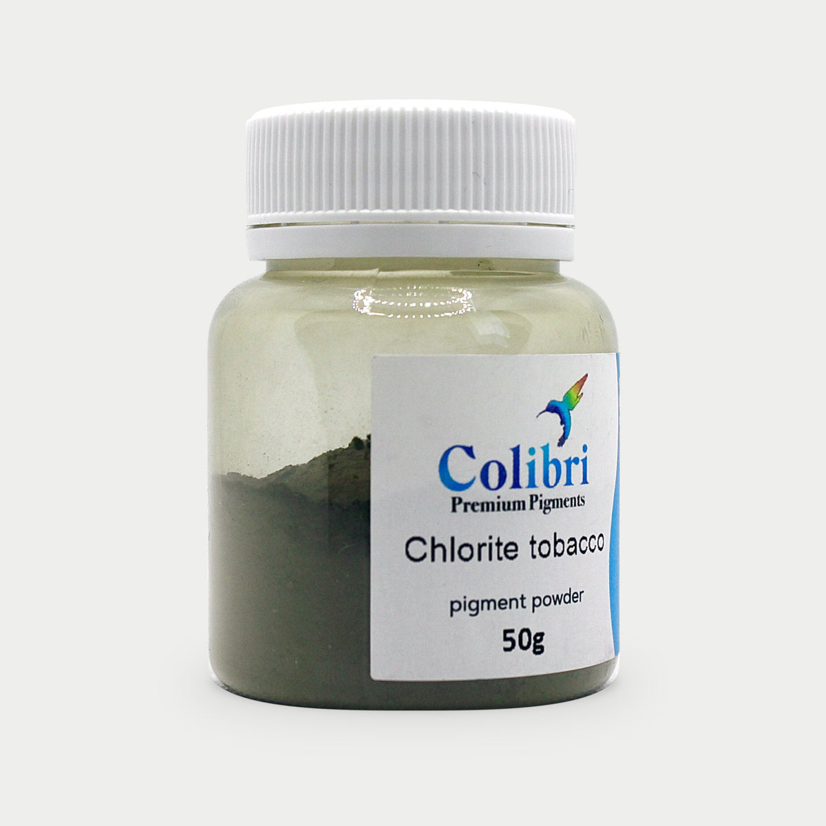 Chlorite tobacco pigment powder in a Colibri jar