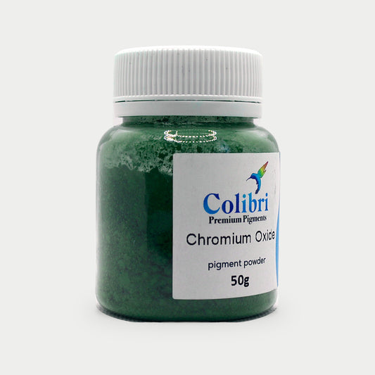 Chromium oxide pigment powder in a Colibri jar