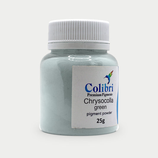 Chrysocolla green pigment powder in a Colibri jar