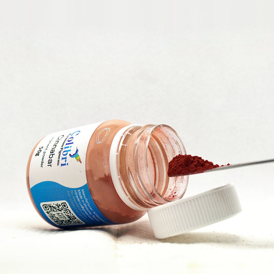Cinnabar pigment powder, open jar
