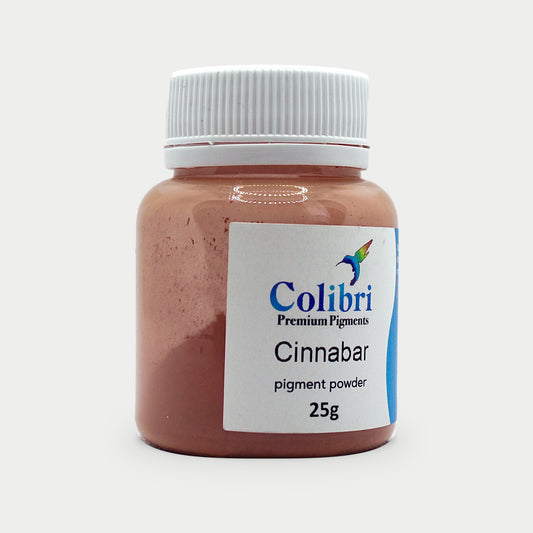 Cinnabar pigment powder in a Colibri jar