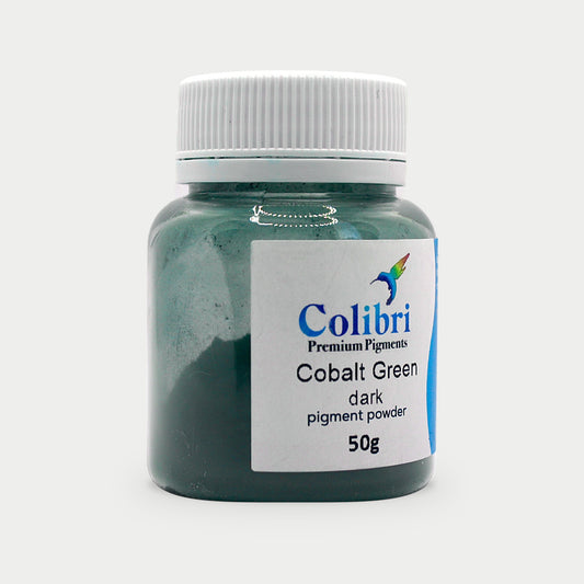 Cobalt green dark pigment powder in a Colibri jar