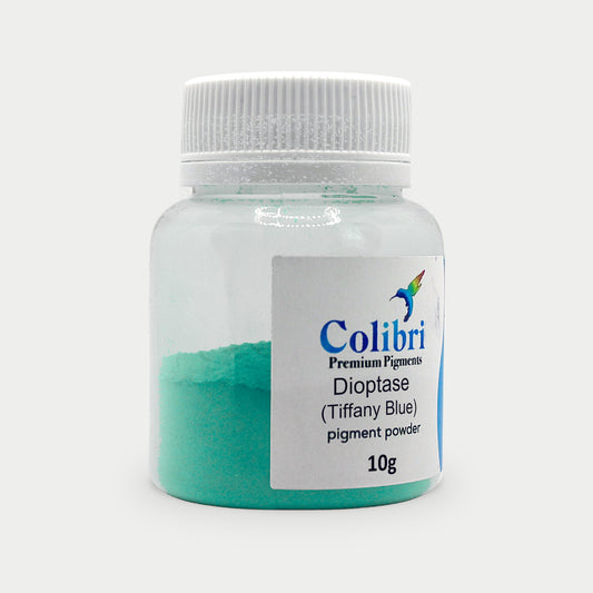 Dioptase (Tiffany Blue) pigment powder in a Colibri jar