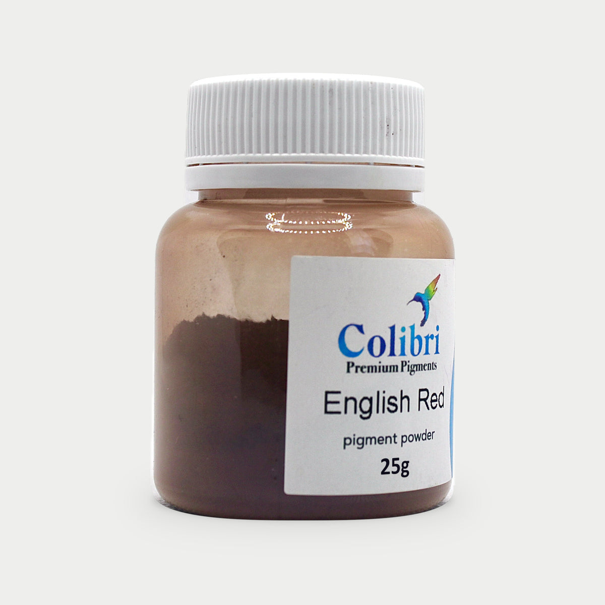 English red pigment powder in a Colibri jar
