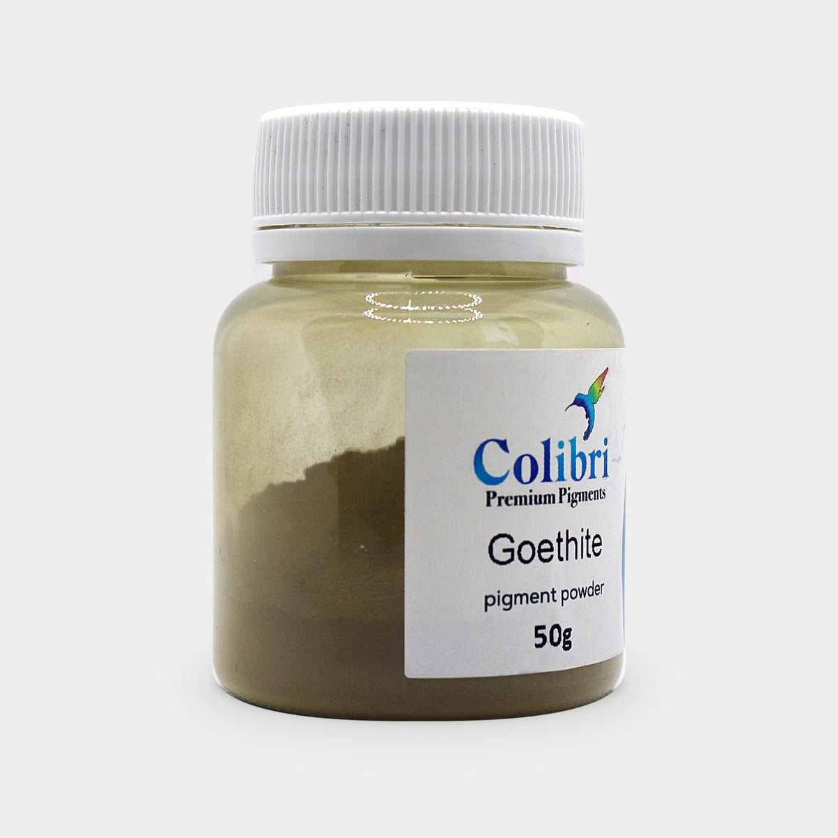 Goethite pigment powder in a Colibri jar