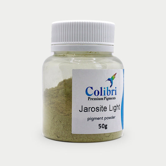 Jarosite light pigment powder in a Colibri jar