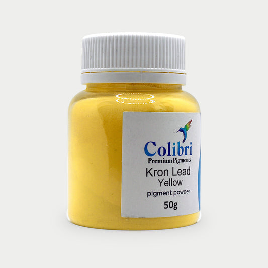 Kron lead yellow pigment powder in a Colibri jar