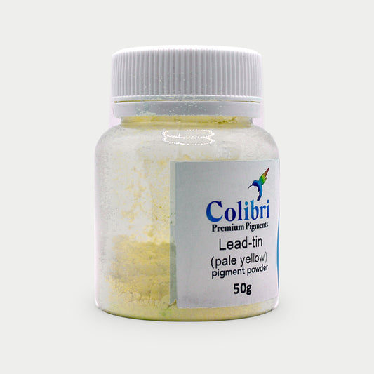 Lead-tin (pale yellow) pigment powder in a Colibri jar