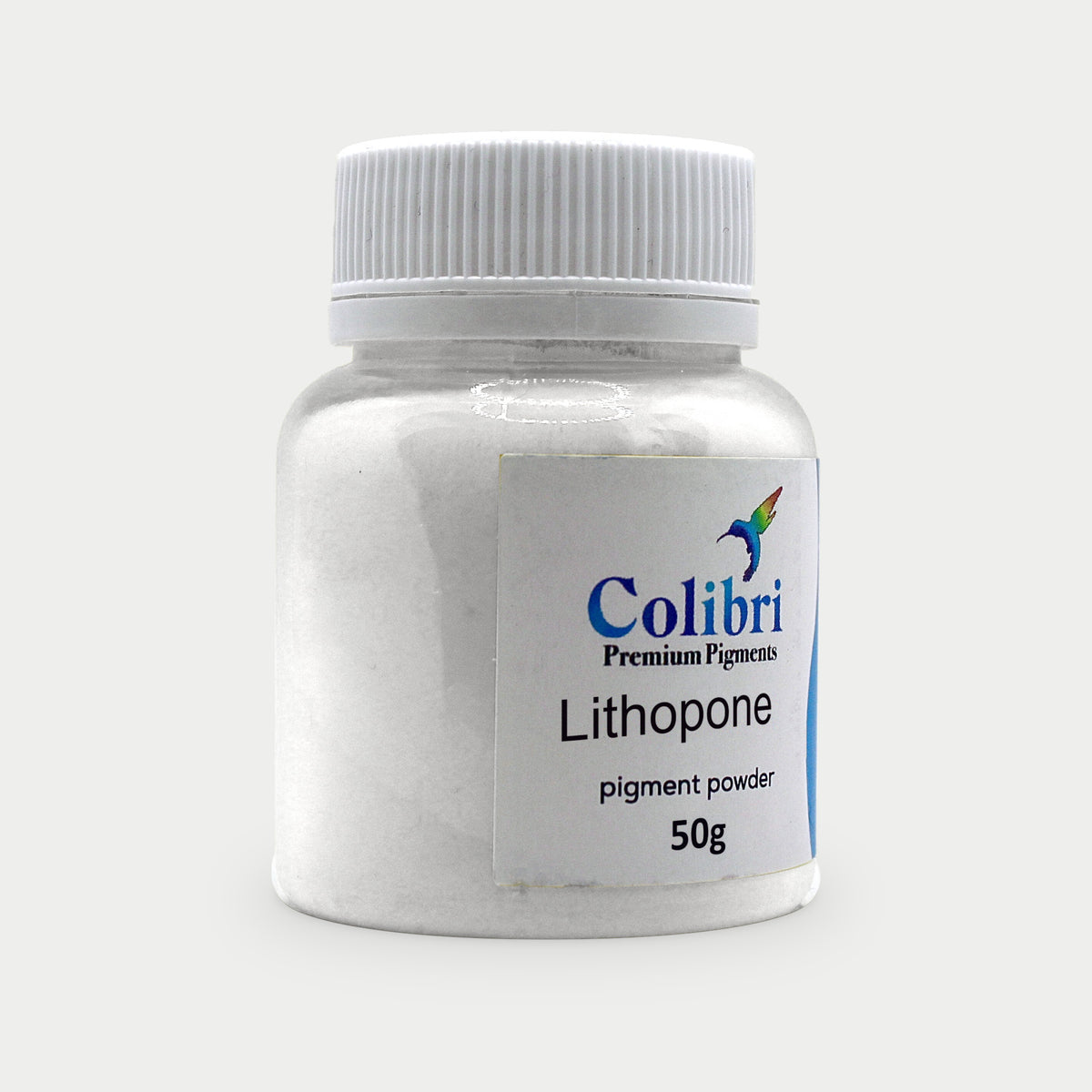 Lithopone pigment powder in a Colibri jar
