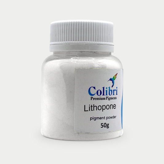 Lithopone pigment powder in a Colibri jar