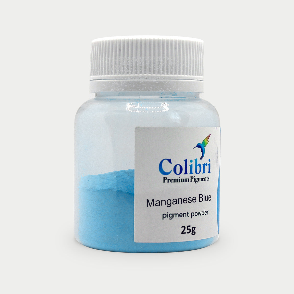 Manganese Blue pigment powder in a Colibri jar