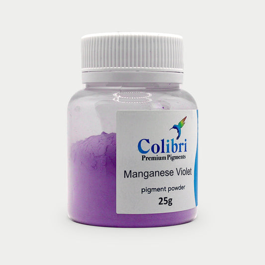 Manganese violet pigment powder in a Colibri jar