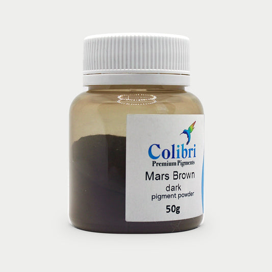 Mars brown dark pigment powder in a Colibri jar