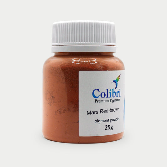 Mars red-brown pigment powder in a Colibri jar