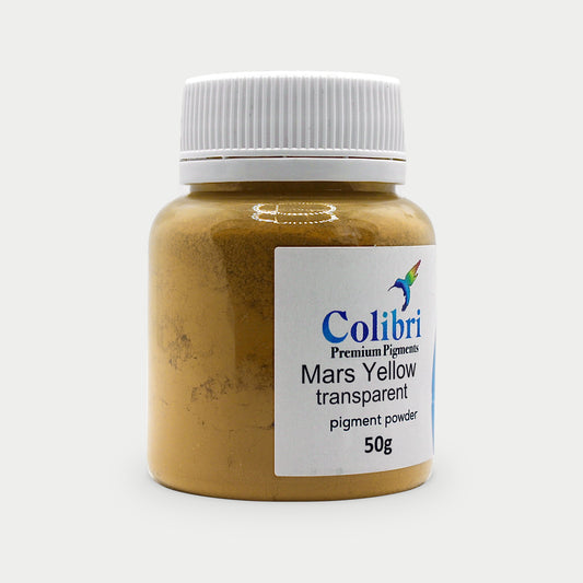 Mars yellow transparent pigment powder in a Colibri jar