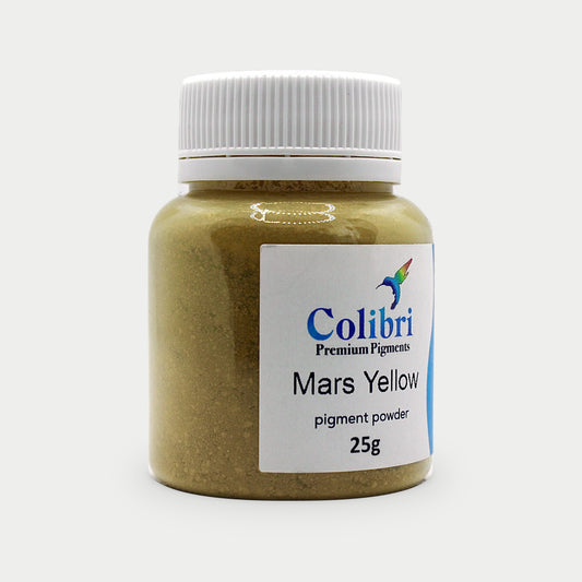 Mars yellow pigment powder in a Colibri jar
