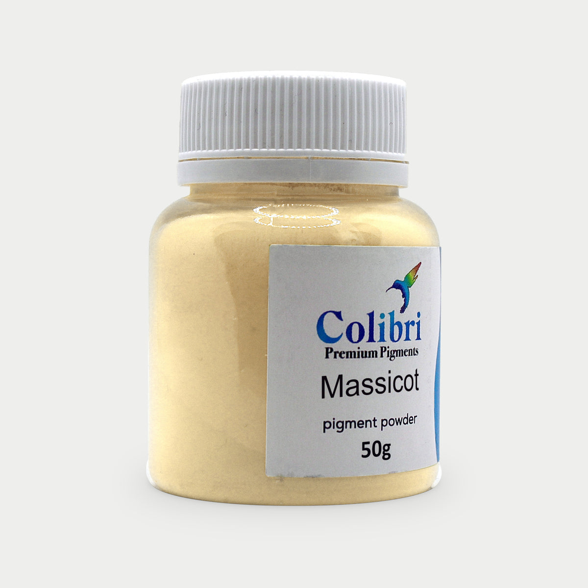 Massicot pigment powder in a Colibri jar