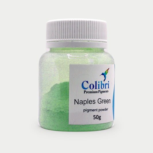 Naples green pigment powder in a Colibri jar