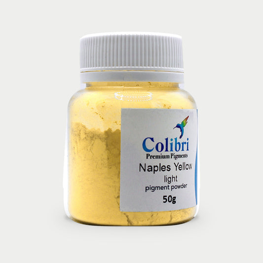 Naples yellow light pigment powder in a Colibri jar