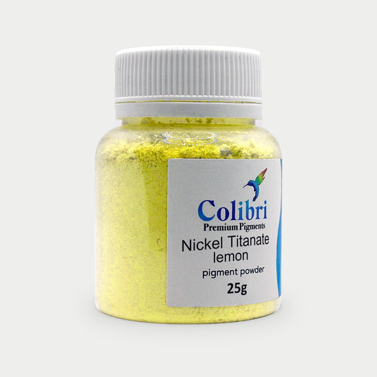 Nickel titanate lemon pigment powder in a Colibri jar