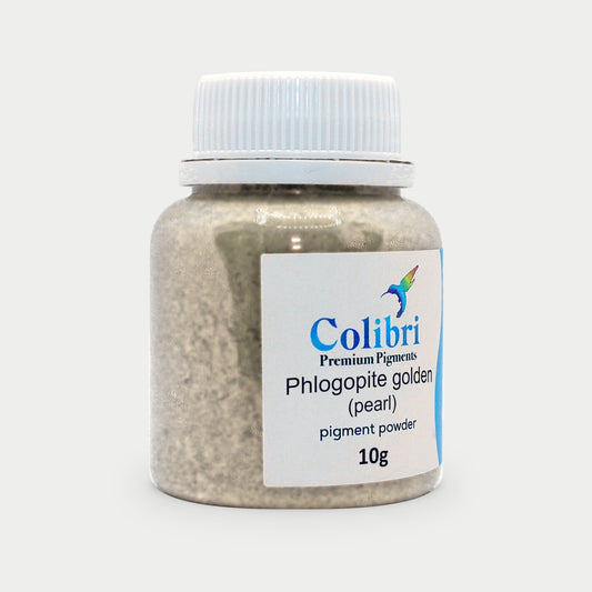 Phlogopite golden (pearl) pigment powder in a Colibri jar