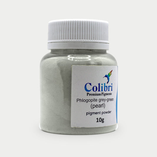 Phlogopite grey-green (pearl) pigment powder in a Colibri jar