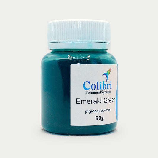 Phthalo Emerald green pigment powder in a Colibri jar