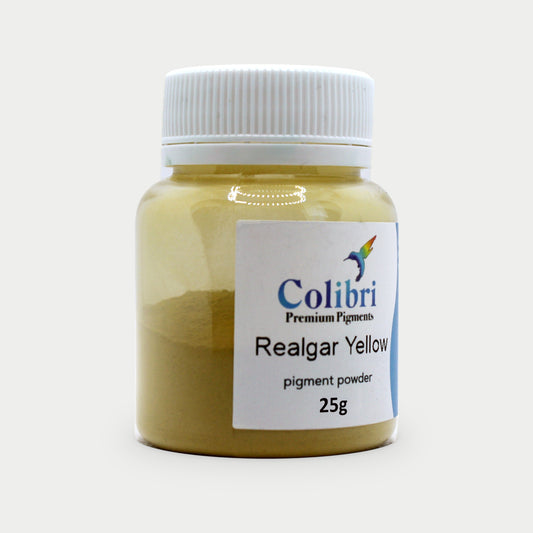 Realgar yellow pigment powder in a Colibri jar