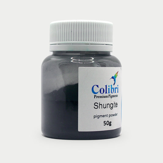 Shungite black pigment powder in a Colibri jar