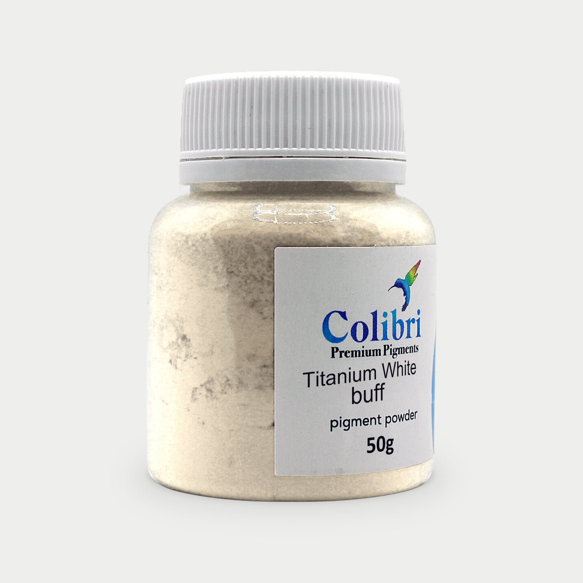 Titanium white buff pigment powder in a Colibri jar
