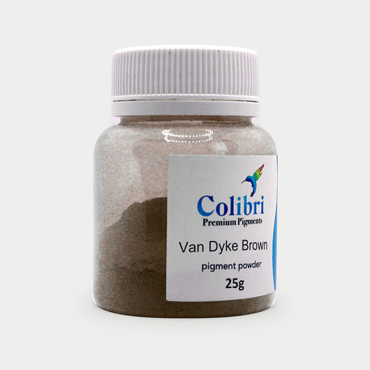Van Dyke brown pigment powder in a Colibri jar