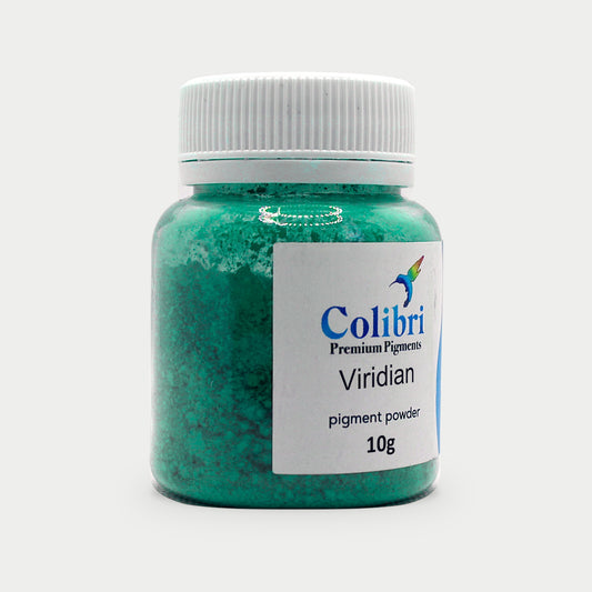 Viridian pigment powder in a Colibri jar