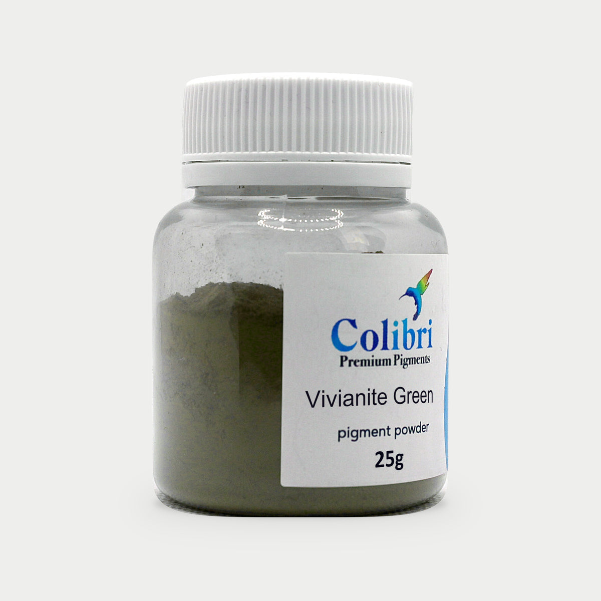 Vivianite green pigment powder in a Colibri jar