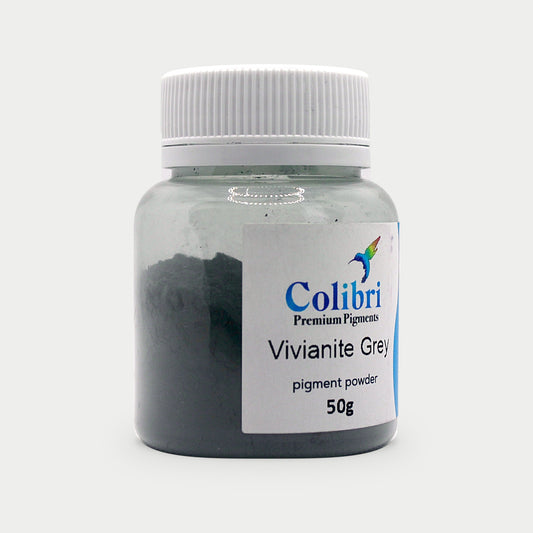 Vivianite grey pigment powder in a Colibri jar