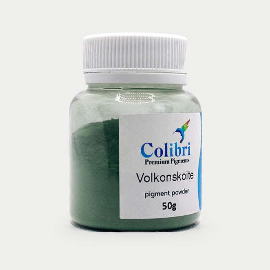 Volkonskoite pigment powder in a Colibri jar